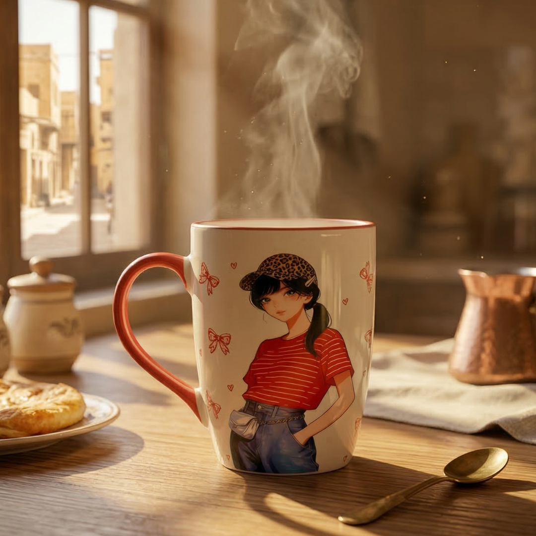 Cute Fashion Girl Ceramic Coffee Mug – Red Handle Aesthetic Mug for Coffee & Tea - Gifteila