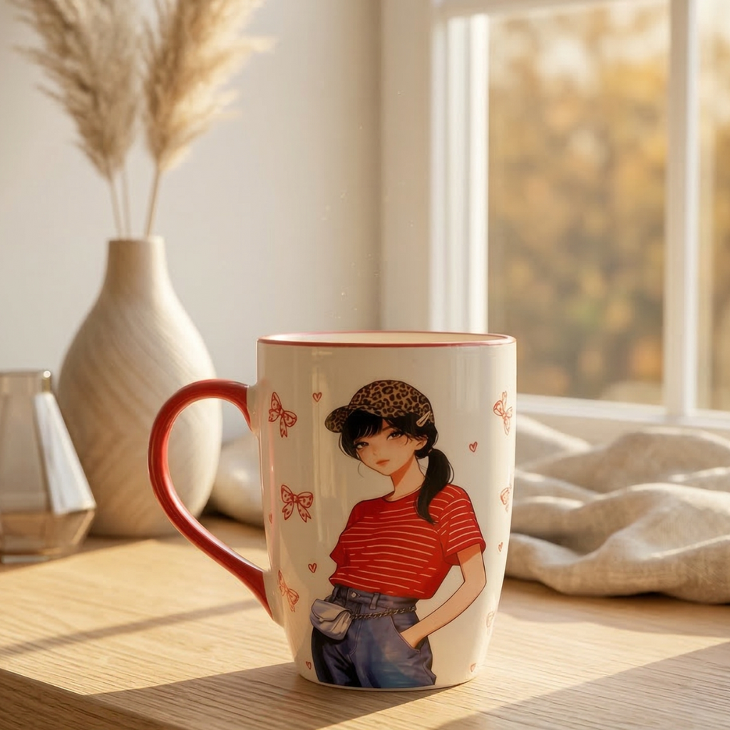 Cute Fashion Girl Ceramic Coffee Mug – Red Handle Aesthetic Mug for Coffee & Tea - Gifteila