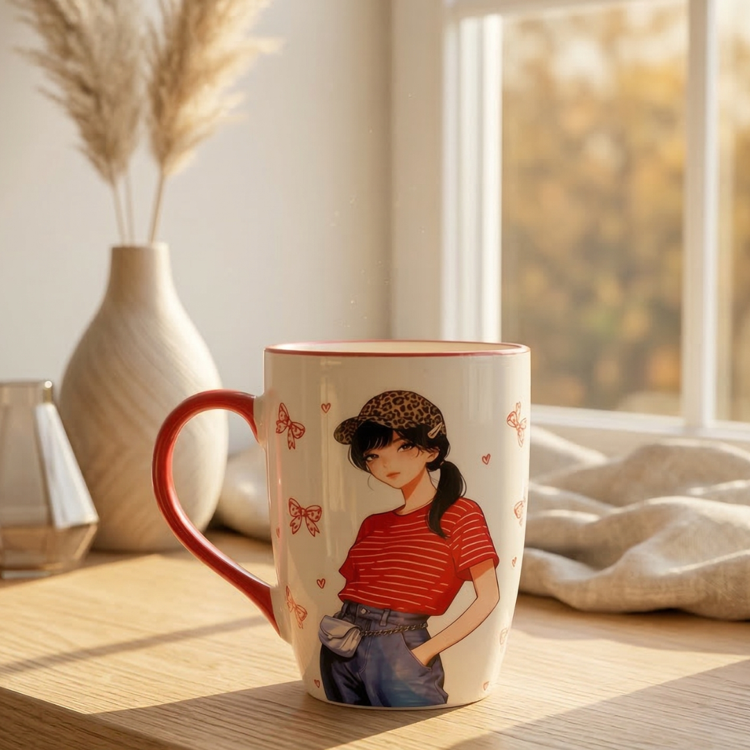 Cute Fashion Girl Ceramic Coffee Mug – Red Handle Aesthetic Mug for Coffee & Tea - Gifteila