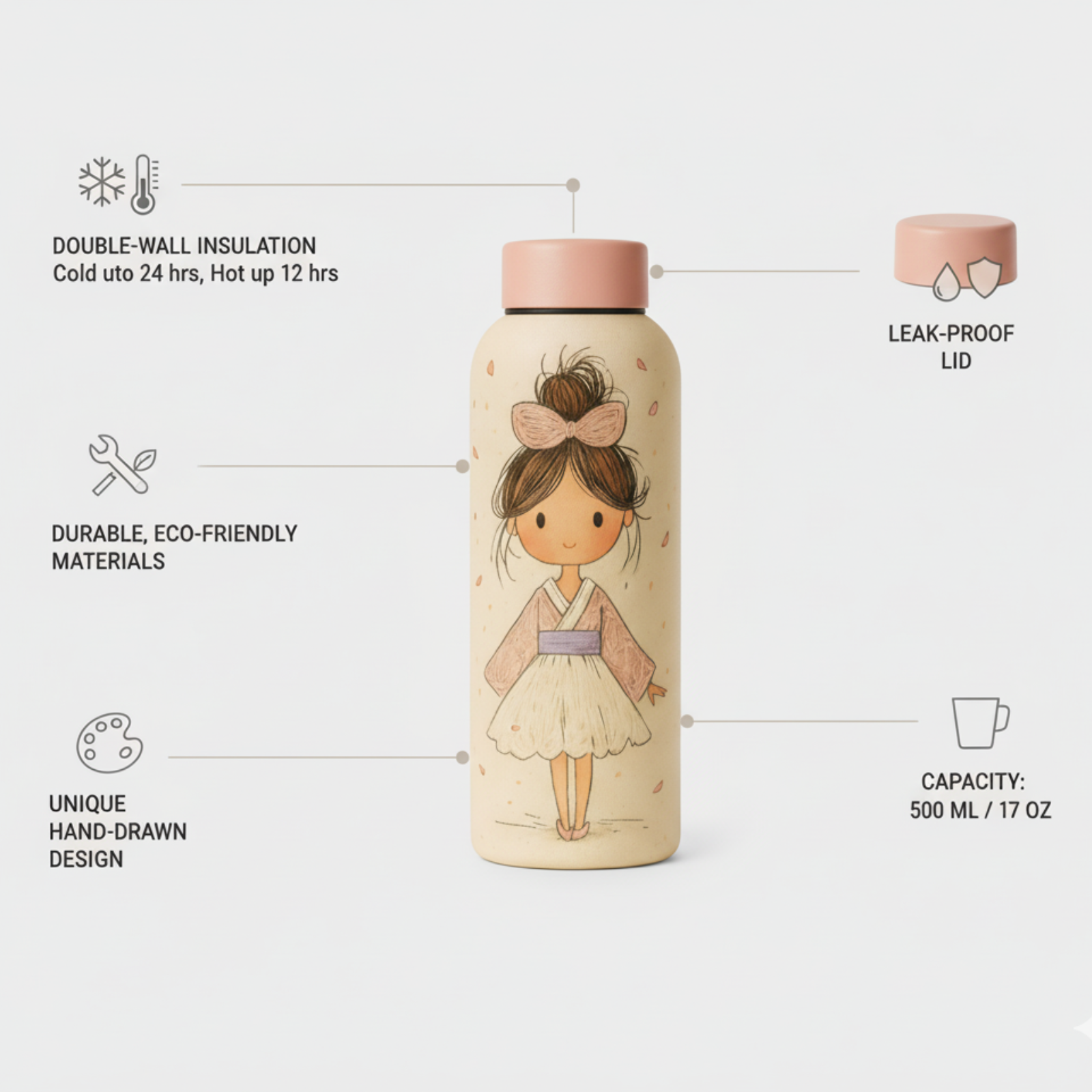 Cute Girl Bottle - Adorable Water Bottle for Kids & Teens