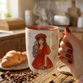 Elegant Girl with Red Beret Coffee Mug – Red Handle Ceramic Cup - Gifteila