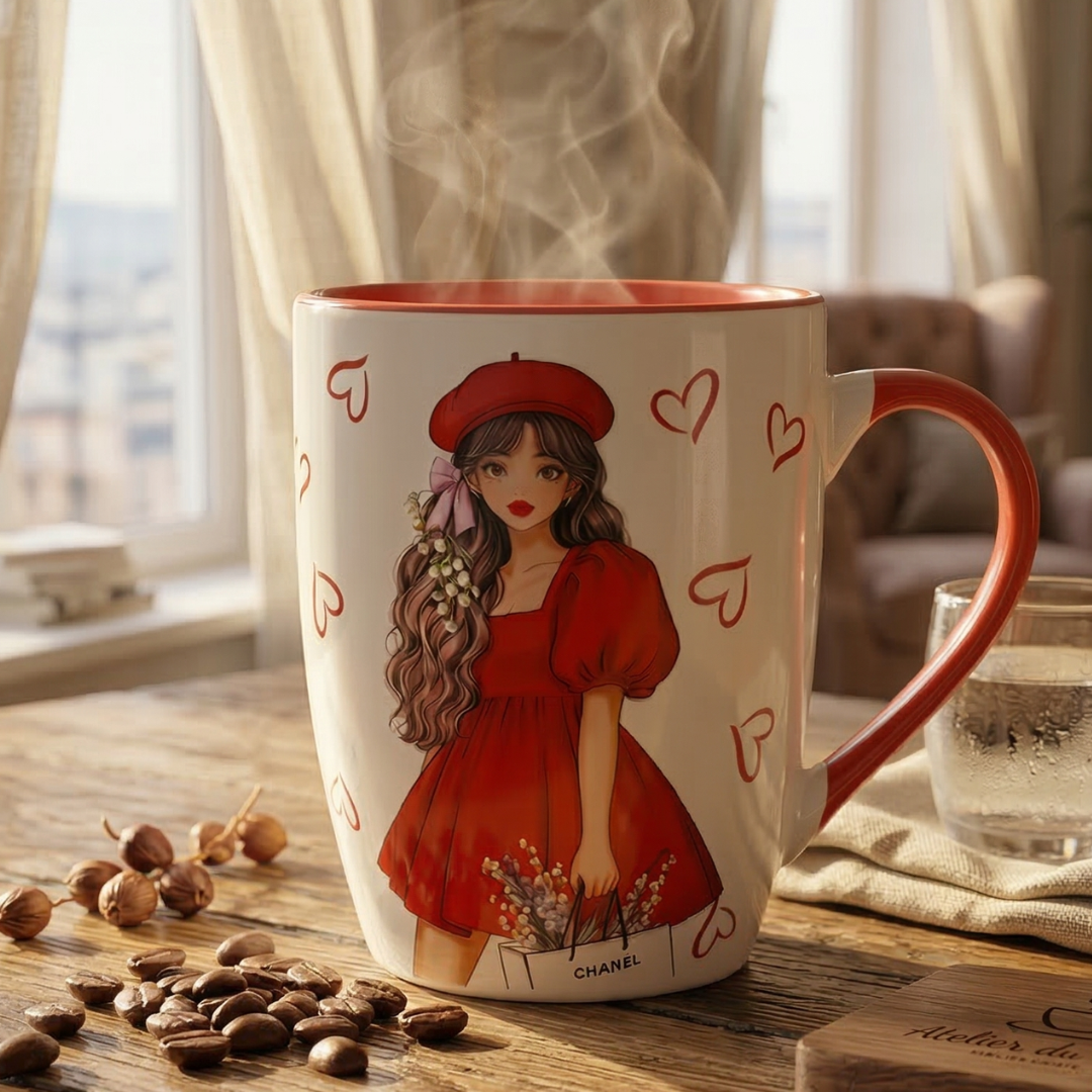 Elegant Girl with Red Beret Coffee Mug – Red Handle Ceramic Cup - Gifteila