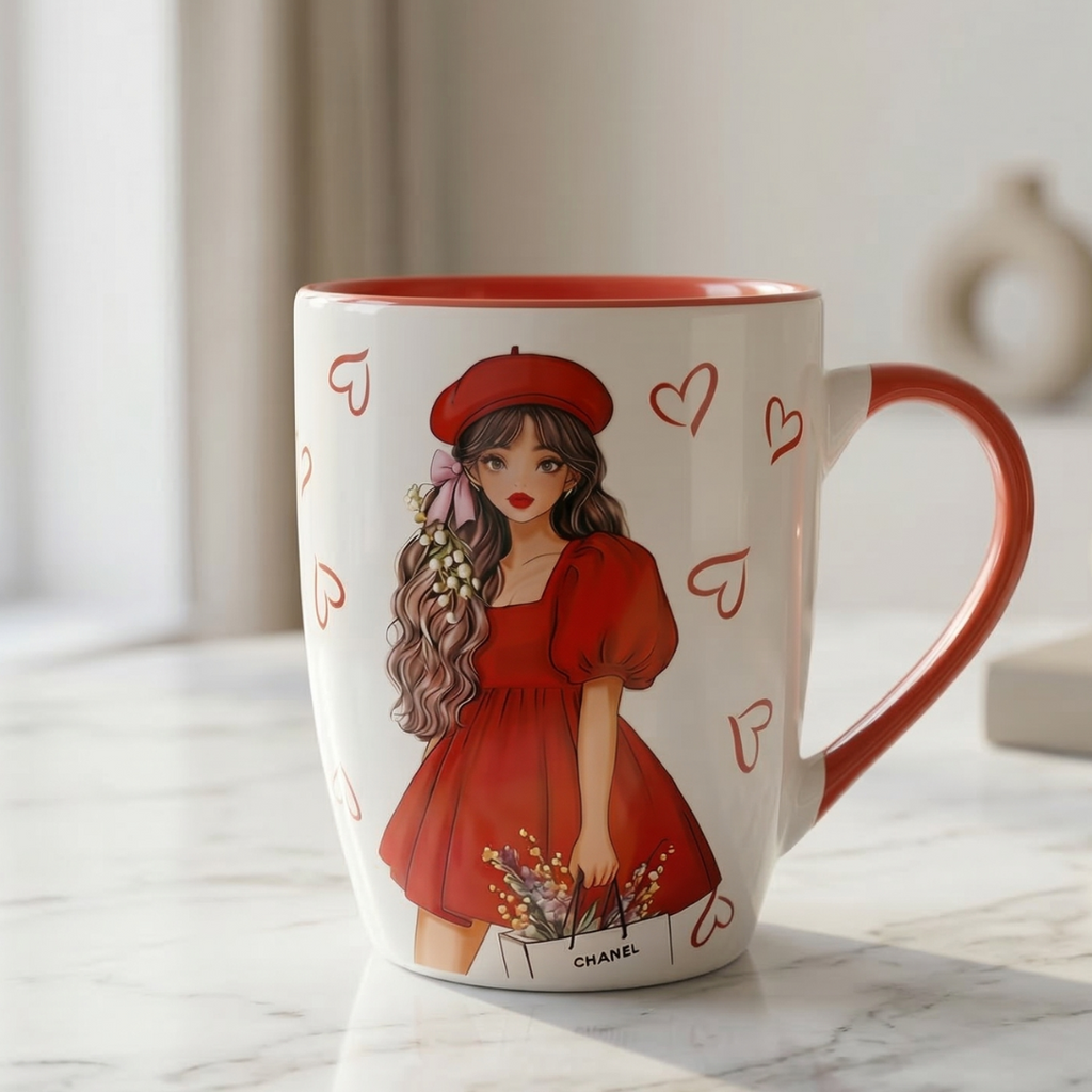 Elegant Girl with Red Beret Coffee Mug – Red Handle Ceramic Cup - Gifteila