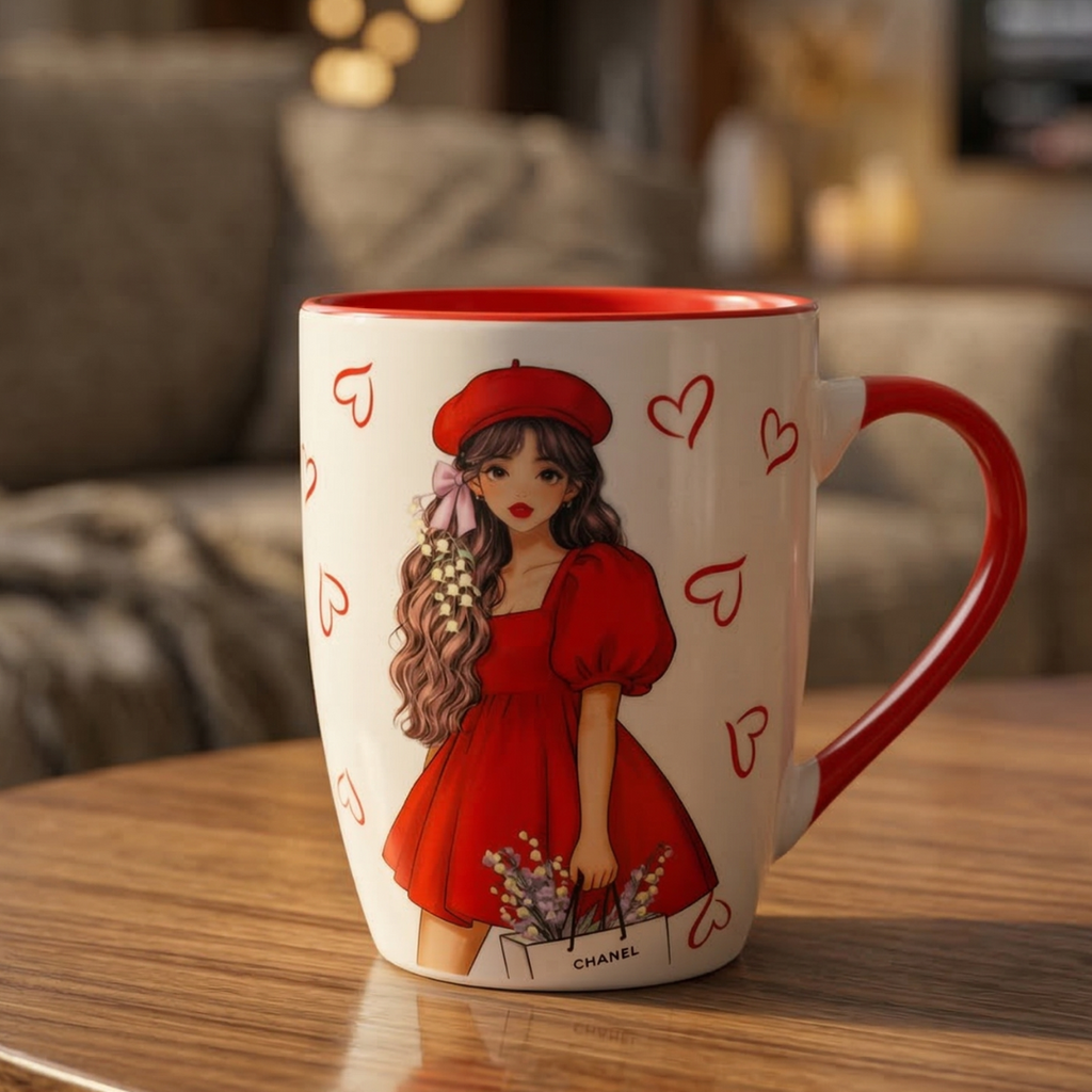 Elegant Girl with Red Beret Coffee Mug – Red Handle Ceramic Cup - Gifteila