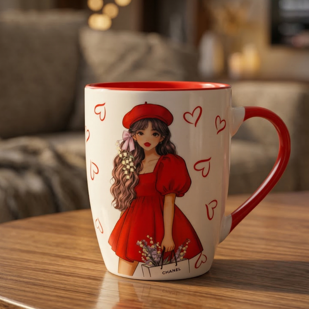 Elegant Girl with Red Beret Coffee Mug – Red Handle Ceramic Cup - Gifteila