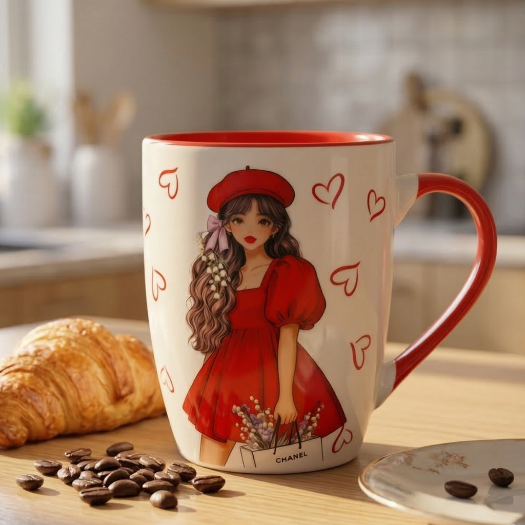 Elegant Girl with Red Beret Coffee Mug – Red Handle Ceramic Cup - Gifteila