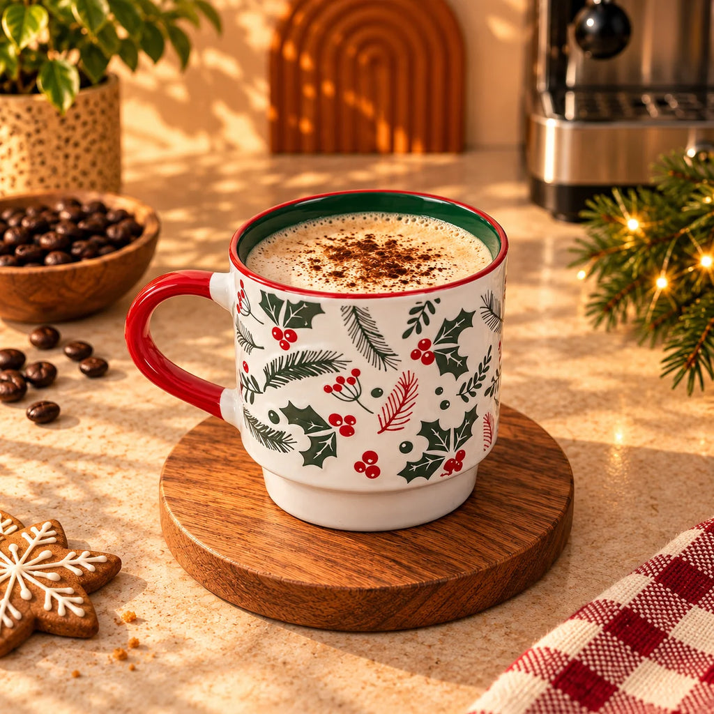 Christmas Holly & Berries Mug, White with Red Handle, 350ml – view 3