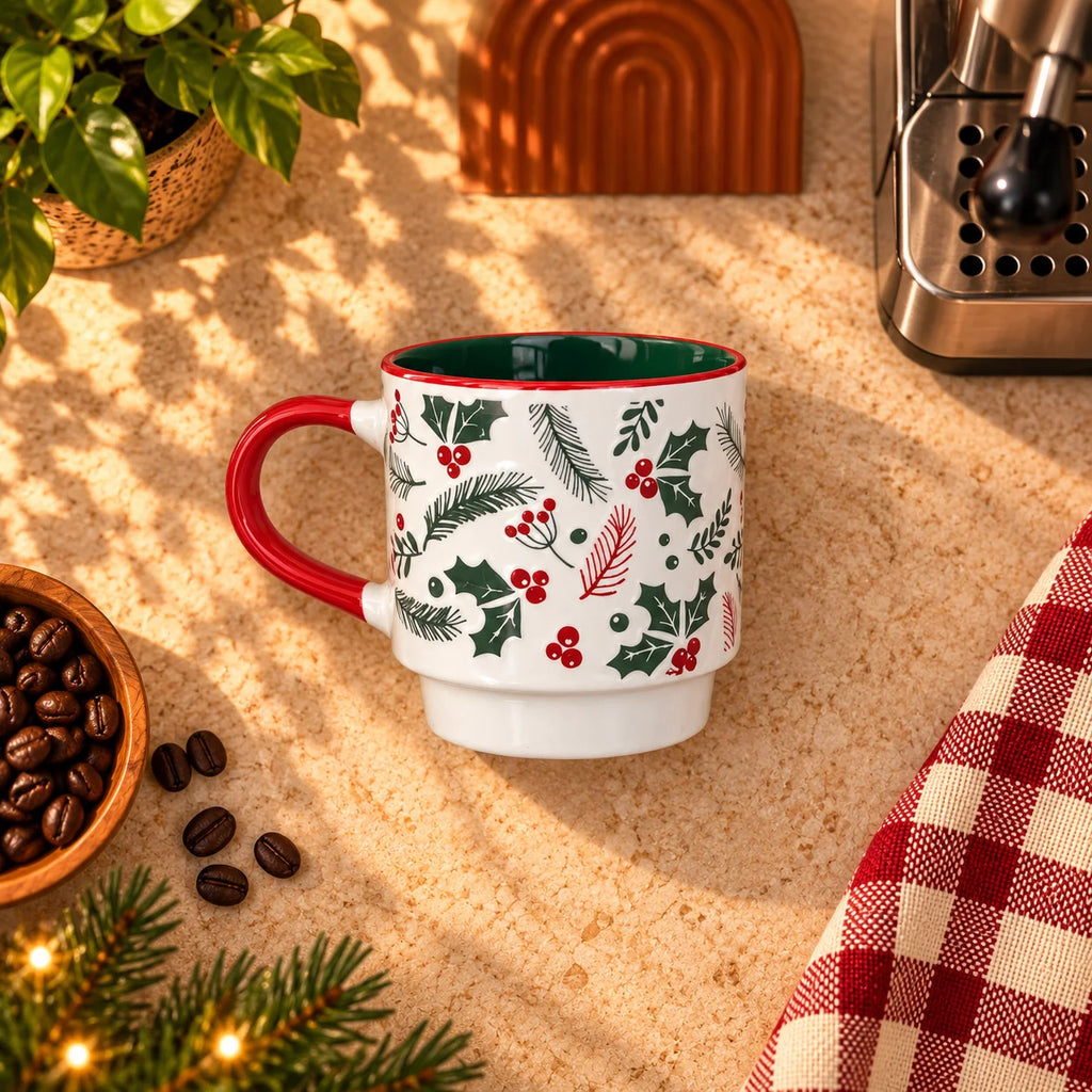 Christmas Holly & Berries Mug, White with Red Handle, 350ml – view 4