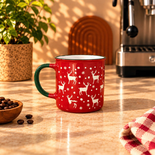 Christmas Reindeer Mug, Red with Green Handle, 300ml by Gifteila