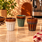 Fluted Ceramic Coffee Cups Set of 3 – Cream, Sage Green & Amber, 200ml by Gifteila