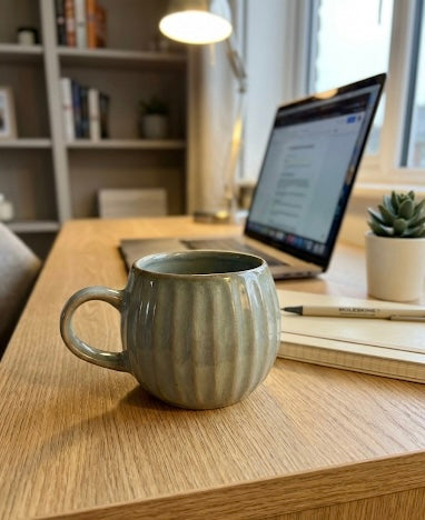 Sage Ribbed Ceramic Mug – 380 ml | Cozy Luxury Coffee Cup