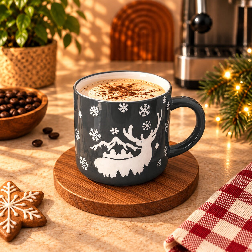 Winter Reindeer Mug, Charcoal Grey & White, 350ml by Gifteila