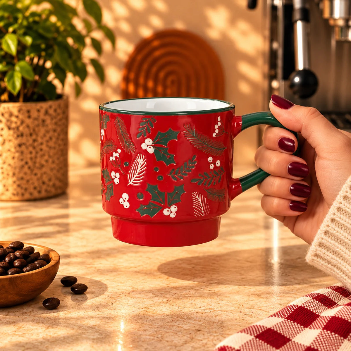 Christmas Holly & Berries Mug – Red with Green Handle, 350ml