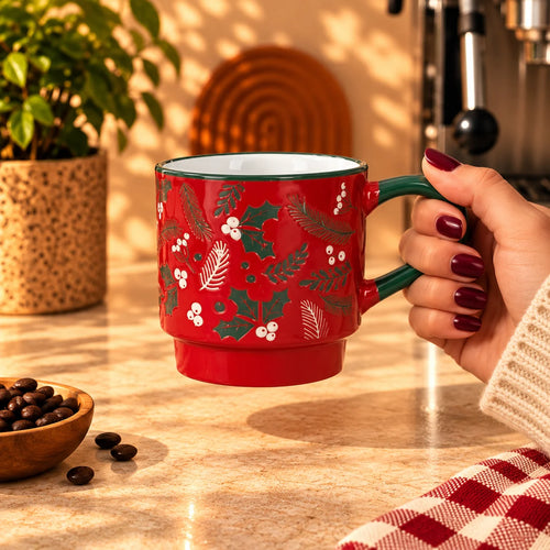 Christmas Holly & Berries Mug – Red with Green Handle, 350ml