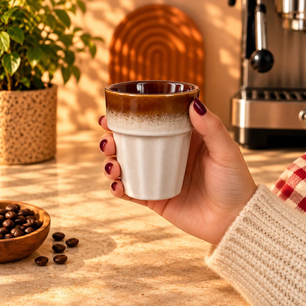 Fluted Ceramic Coffee Cup – Cream & Amber Brown, 200ml – view 2