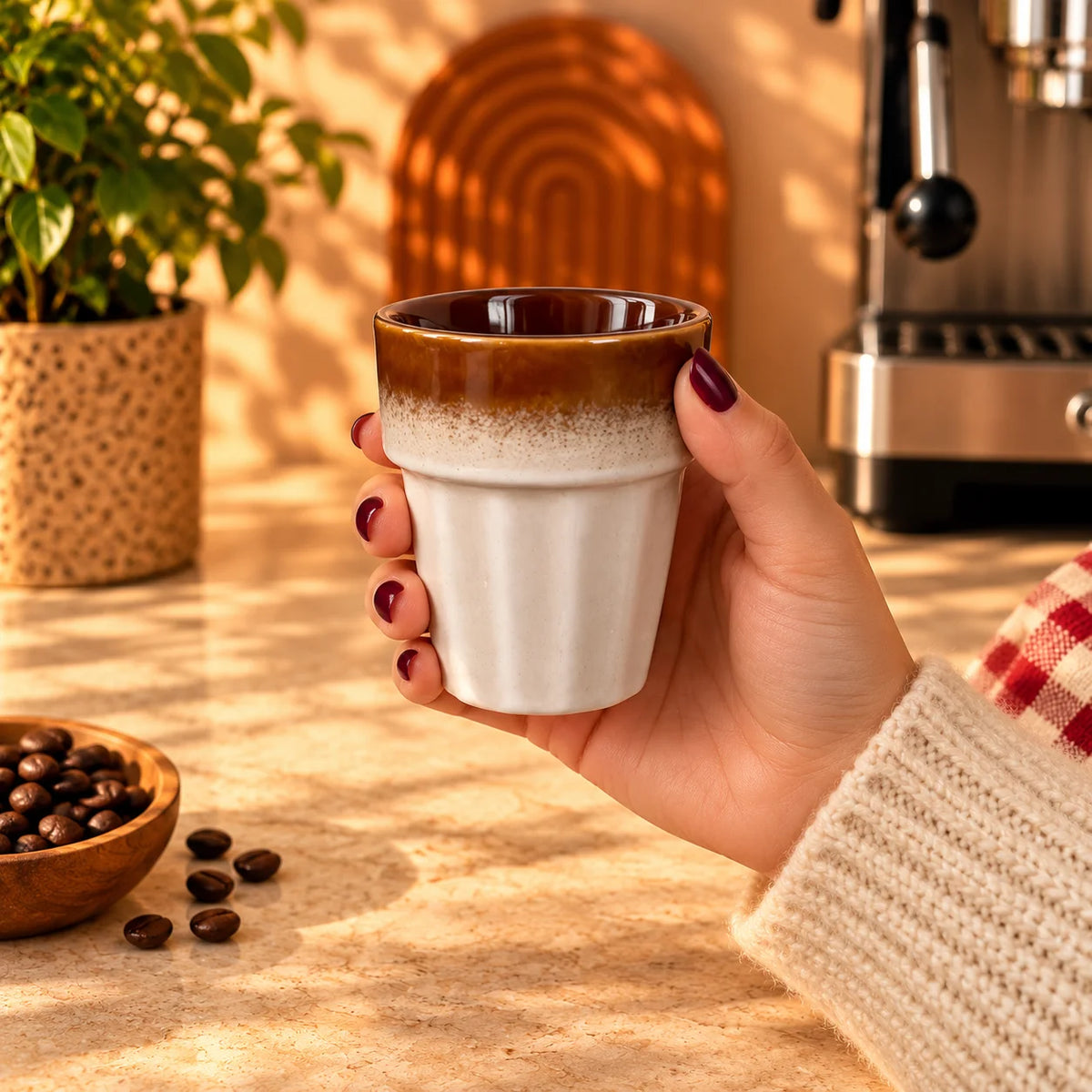 Fluted Ceramic Coffee Cup – Cream & Amber Brown, 200ml – view 2