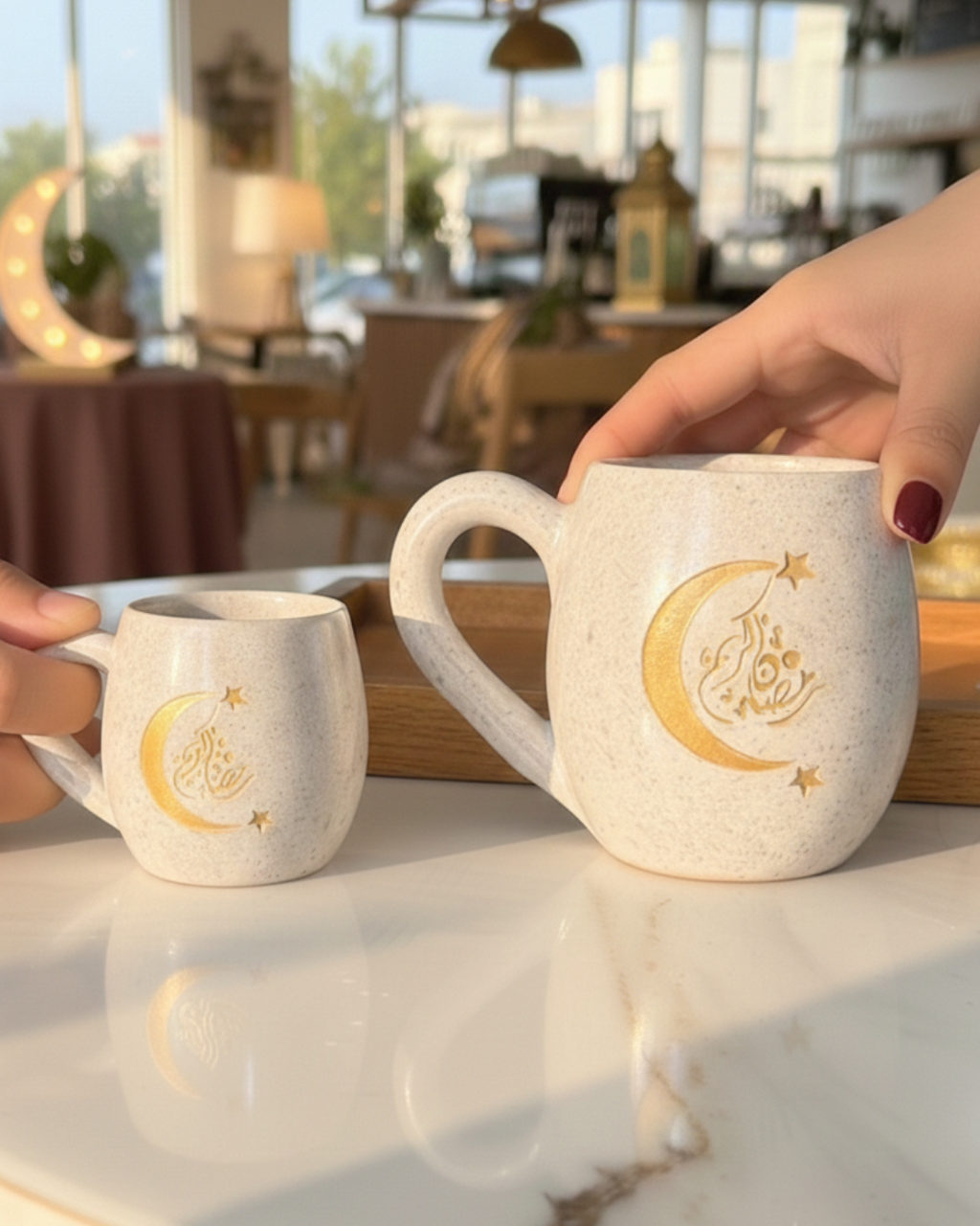 Handmade Pottery Ramadan Crescent Mug Bundle – Large 380ml  & Mini 180ml