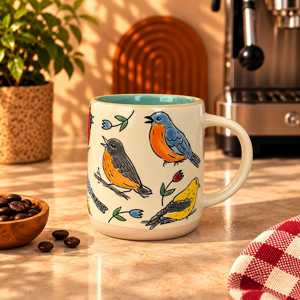 Garden Birds Mug – Cream with Teal Interior, 400ml by Gifteila
