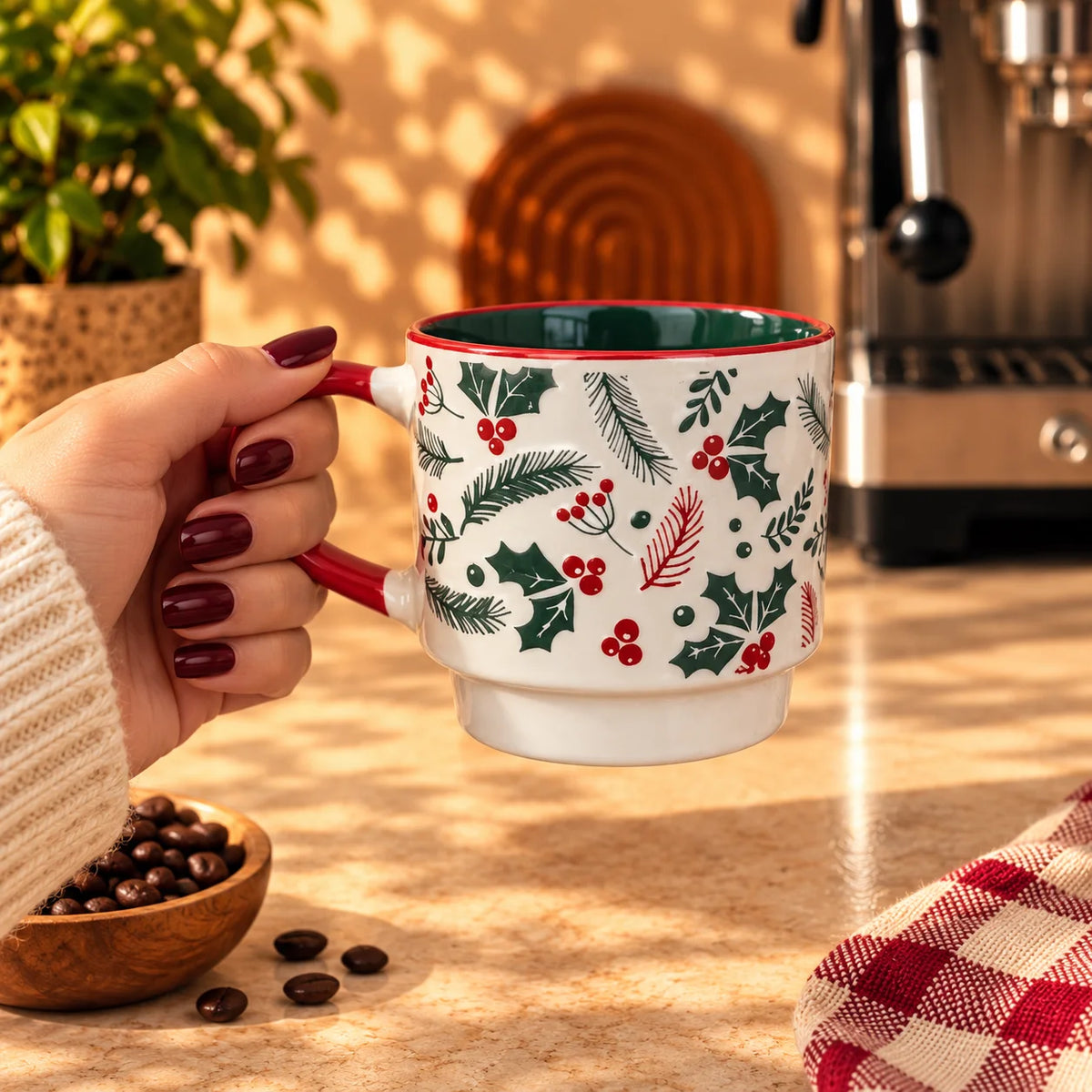 Christmas Holly & Berries Mug, White with Red Handle, 350ml – view 2