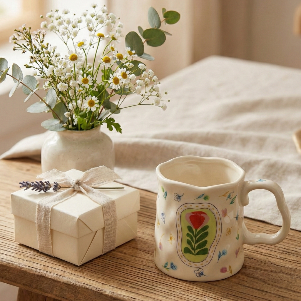 Botanical Charm Ceramic Mug – Handcrafted Nature Design | Luxury Coffee Cup 400ML - Gifteila
