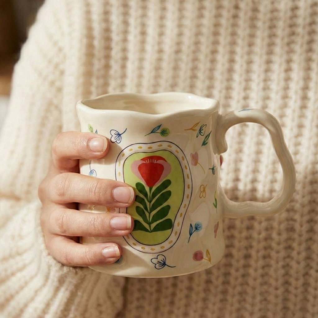 Botanical Charm Ceramic Mug – Handcrafted Nature Design | Luxury Coffee Cup 400ML - Gifteila