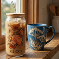 Luxury Cozy Coffee Bundle – Floral Iced Coffee Glass Jar & Handcrafted Blue Ceramic Mug - Gifteila