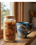 Luxury Cozy Coffee Bundle – Floral Iced Coffee Glass Jar & Handcrafted Blue Ceramic Mug