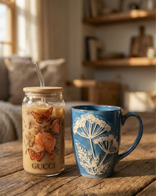 Luxury Cozy Coffee Bundle – Floral Iced Coffee Glass Jar & Handcrafted Blue Ceramic Mug
