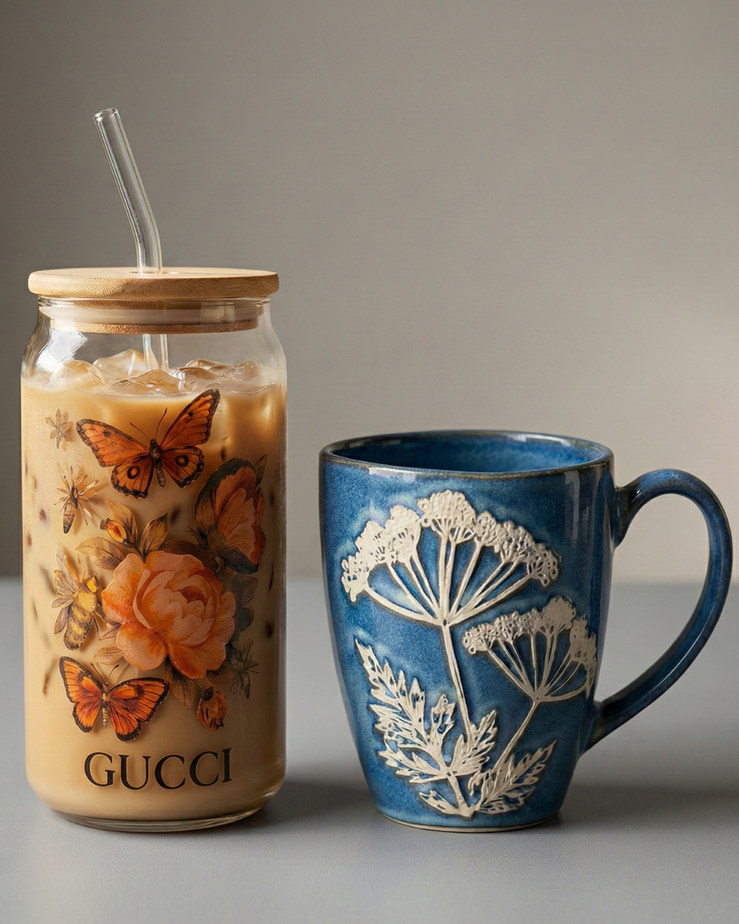 Luxury Cozy Coffee Bundle – Floral Iced Coffee Glass Jar & Handcrafted Blue Ceramic Mug