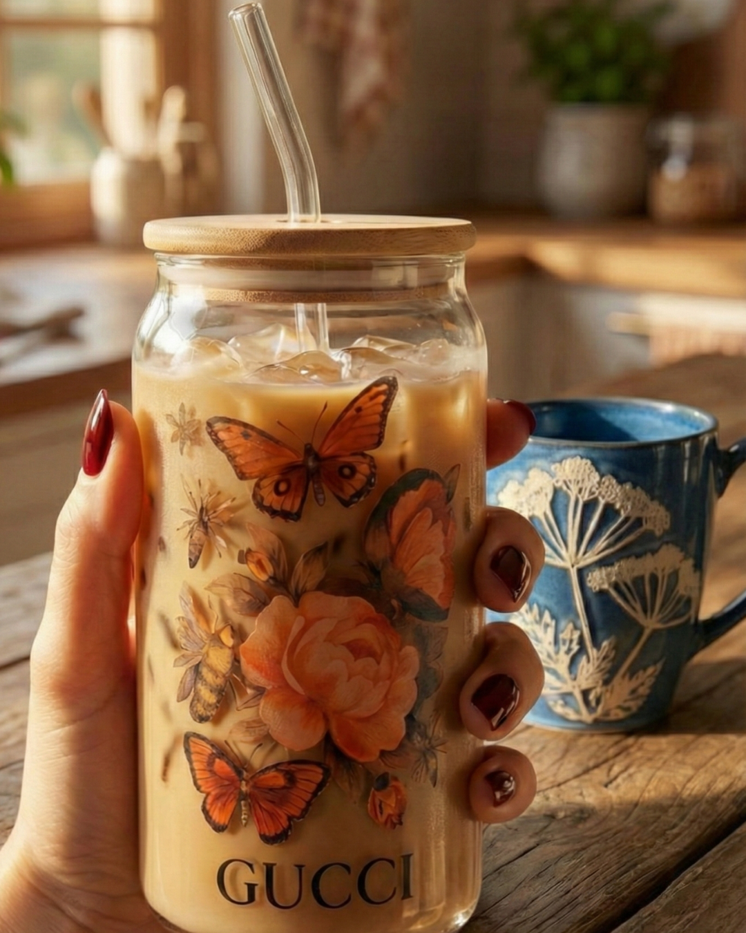 Luxury Cozy Coffee Bundle – Floral Iced Coffee Glass Jar & Handcrafted Blue Ceramic Mug