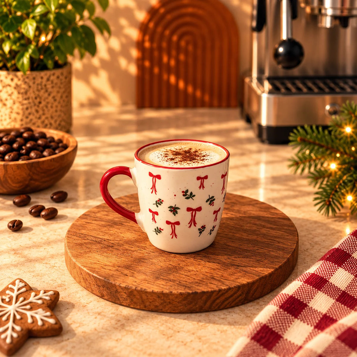 Christmas Bows & Holly Cup – Cream with Red Handle, 150ml – view 3