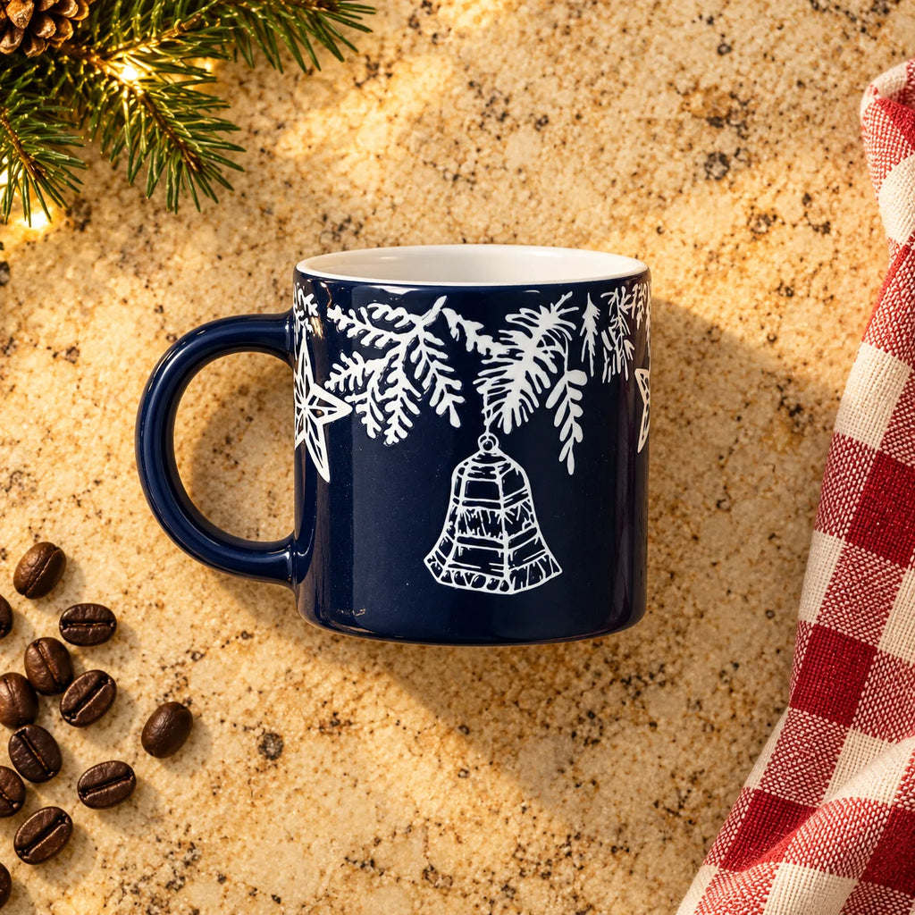 Christmas Bells & Stars Mug, Navy Blue & White, 350ml – view 4