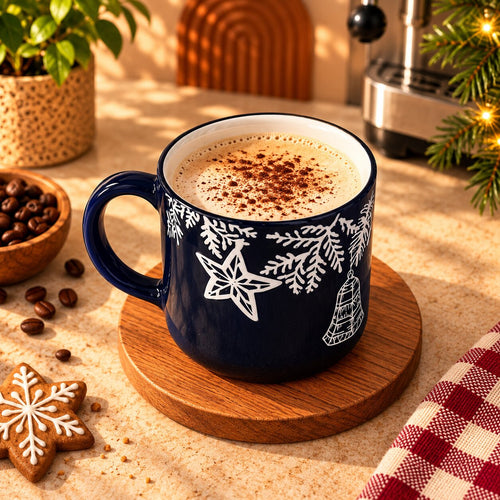 Christmas Bells & Stars Mug, Navy Blue & White, 350ml by Gifteila