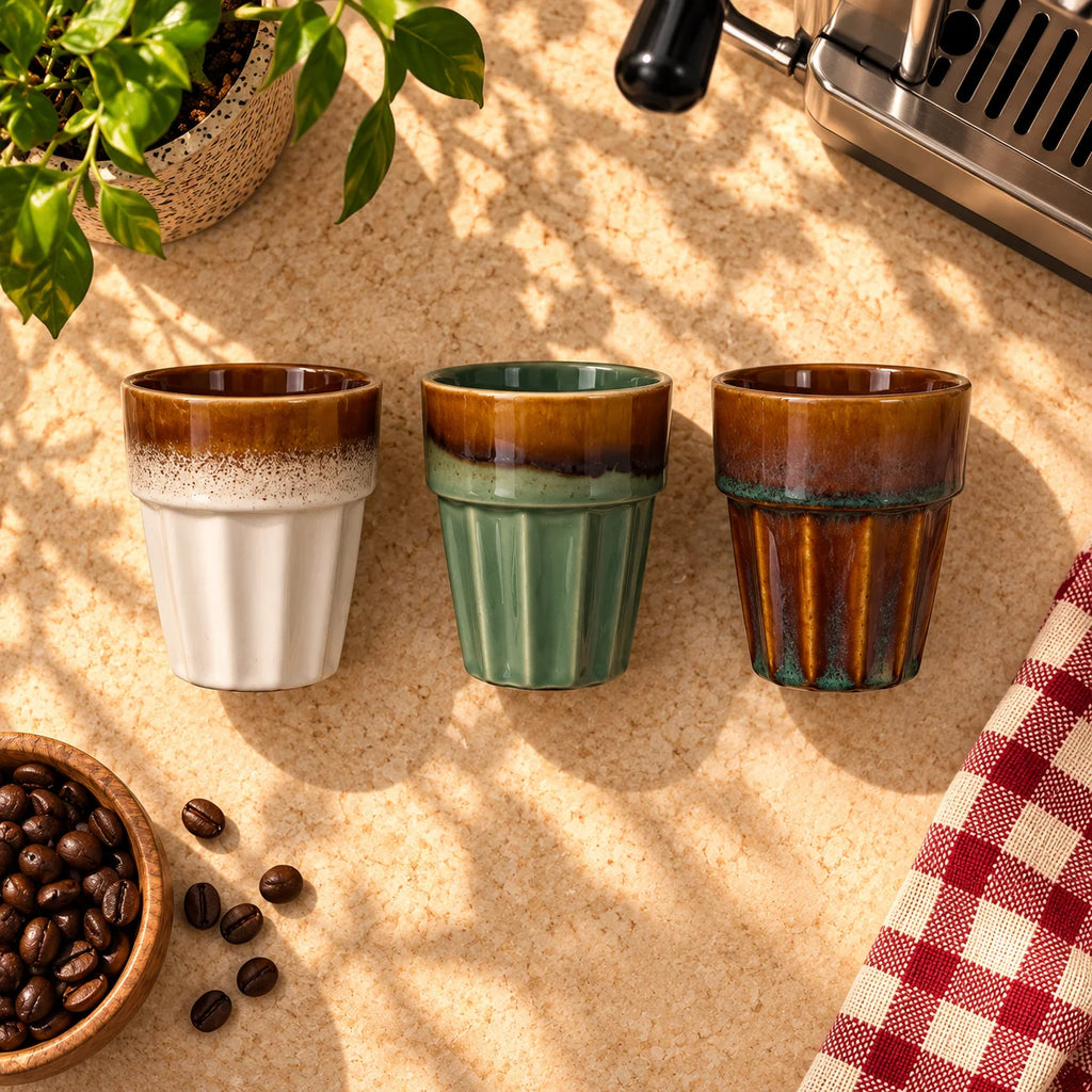 Fluted Ceramic Coffee Cups Set of 3 – Cream, Sage Green & Amber, 200ml – view 4