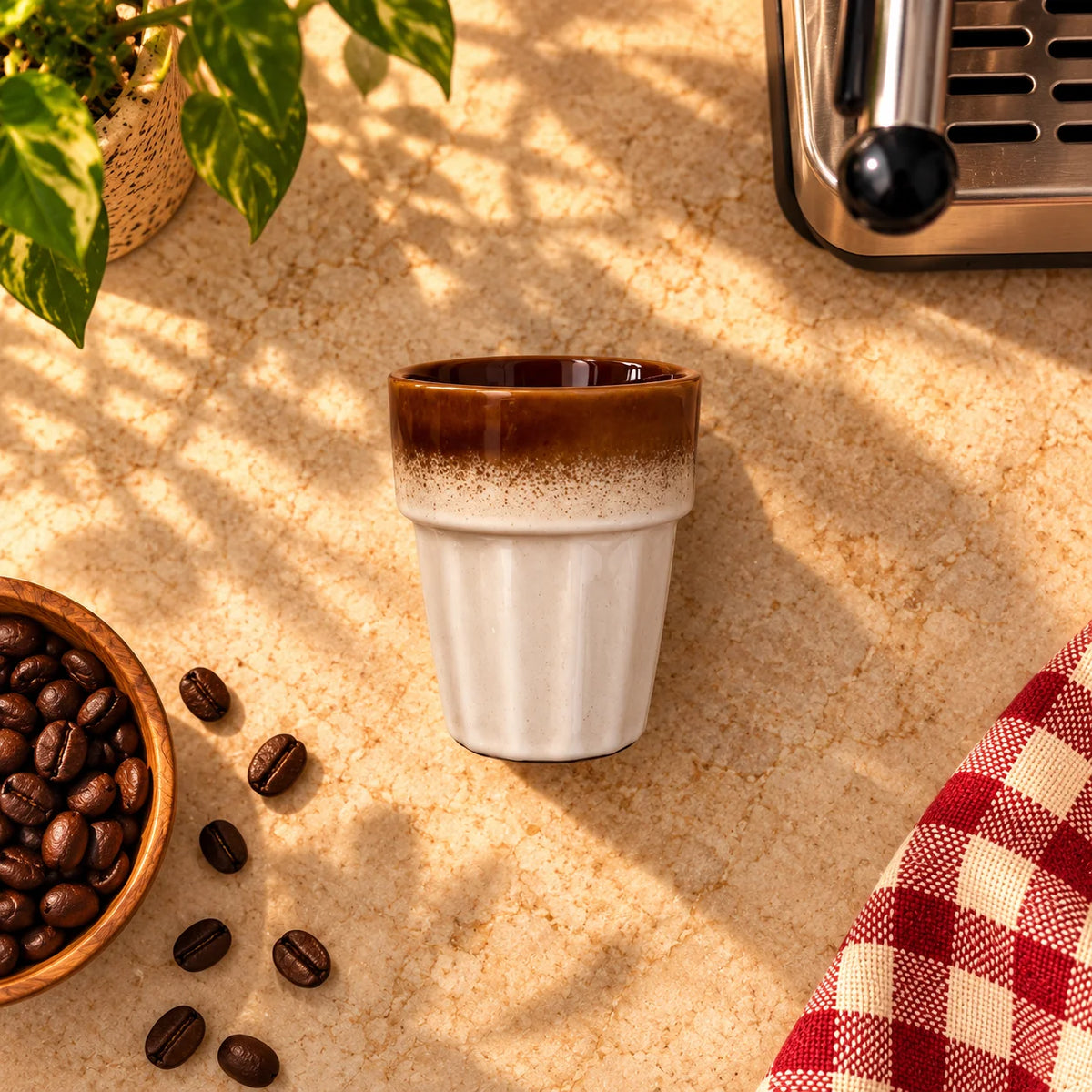 Fluted Ceramic Coffee Cup – Cream & Amber Brown, 200ml – view 4