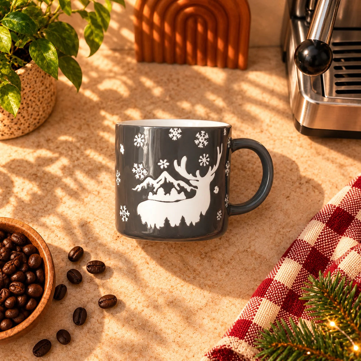 Winter Reindeer Mug, Charcoal Grey & White, 350ml – view 2