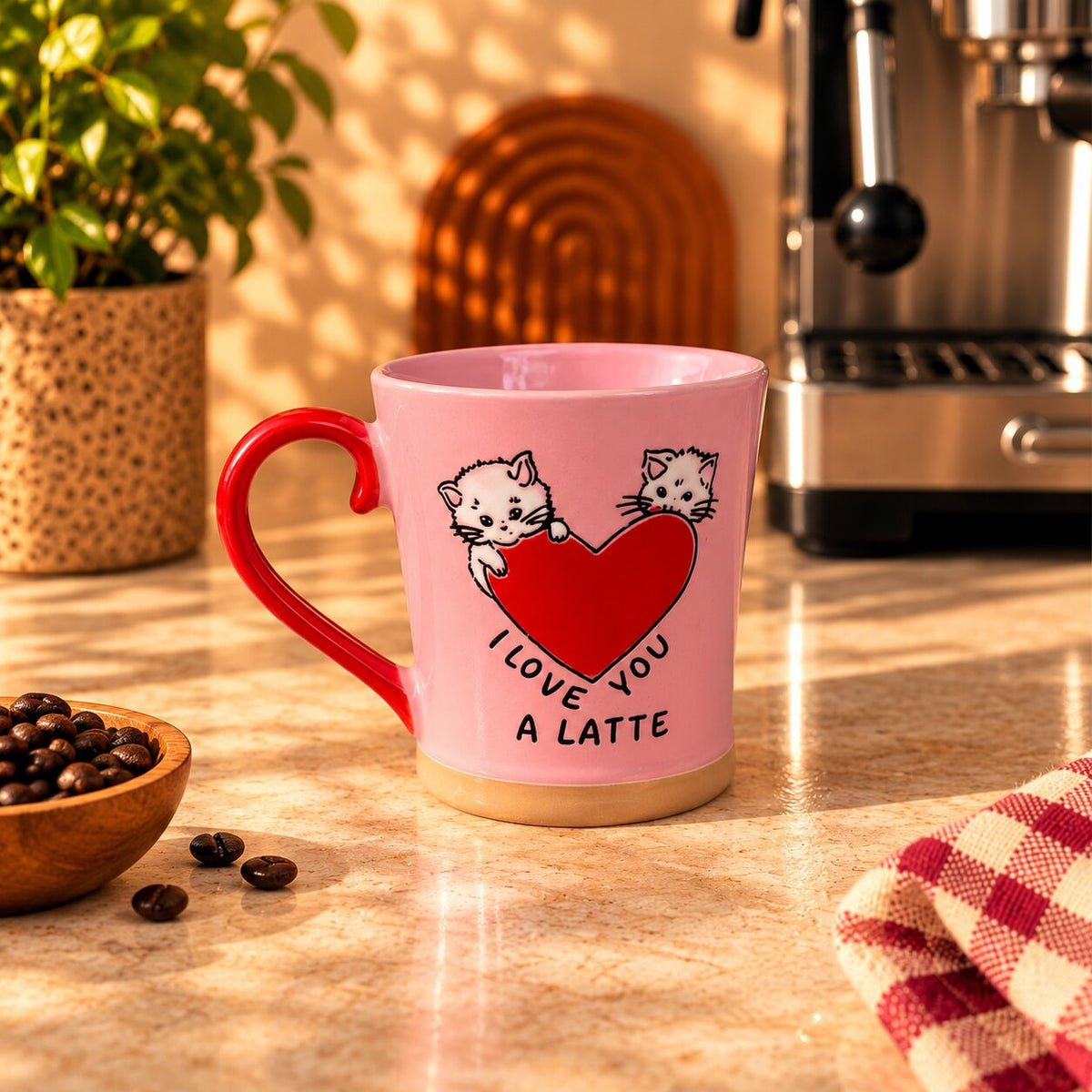 I Love You a Latte Kitten Mug – Pink with Red Handle, 400ml by Gifteila