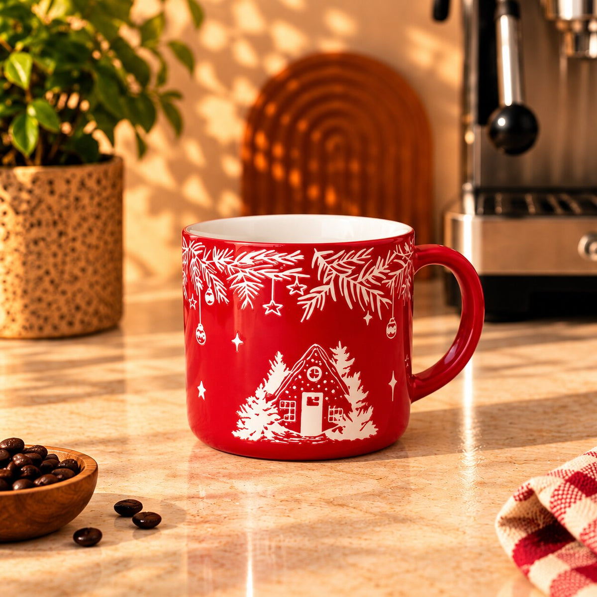 Christmas Cottage Mug, Festive Red & White, 350ml by Gifteila