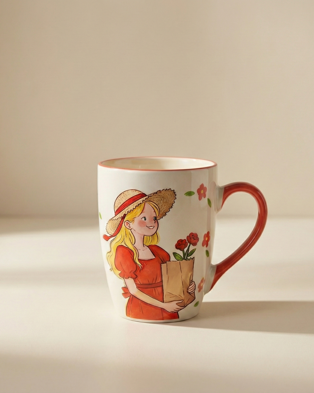 Red Dress Girl Ceramic Mug – Cute Floral Coffee Cup