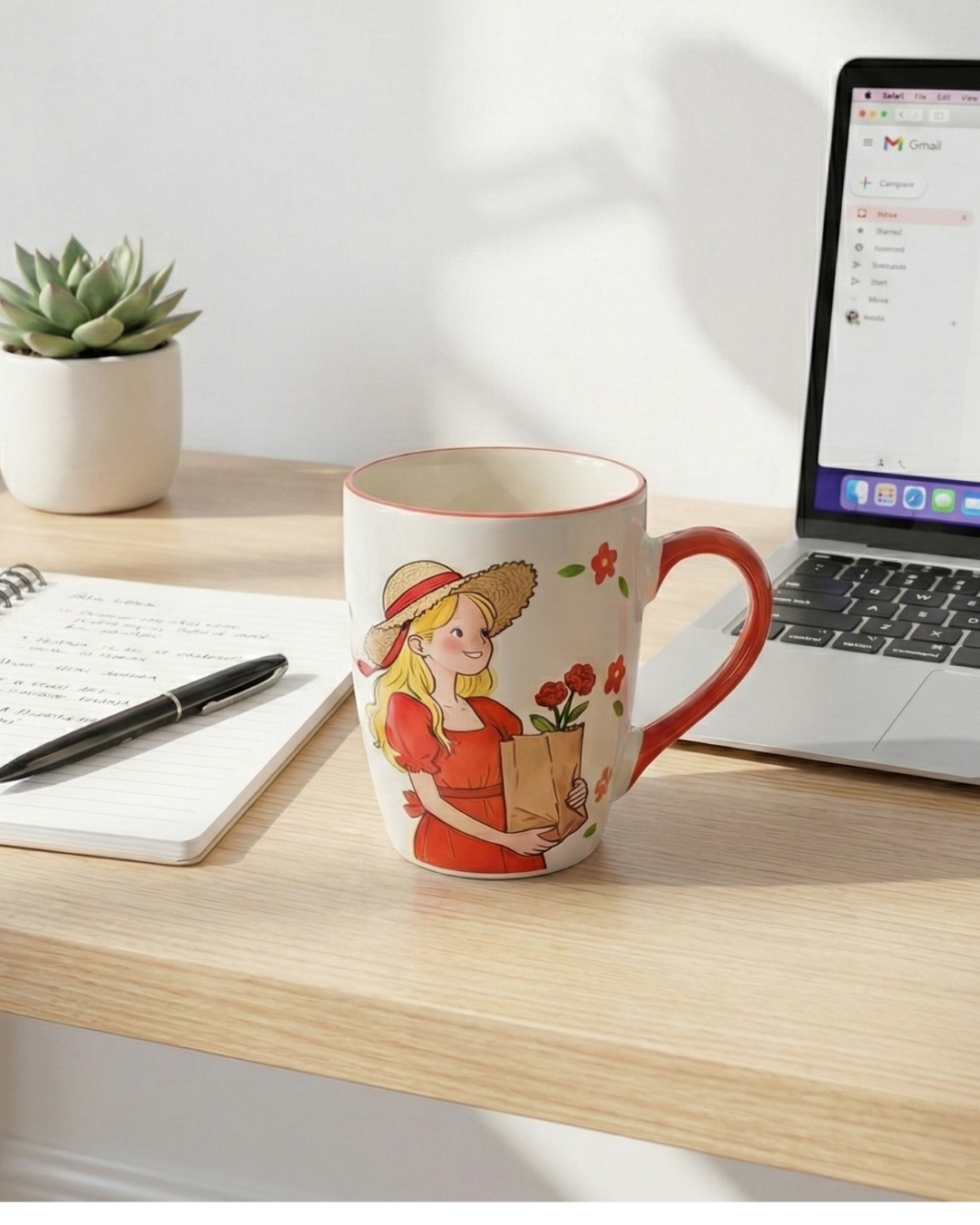 Red Dress Girl Ceramic Mug – Cute Floral Coffee Cup