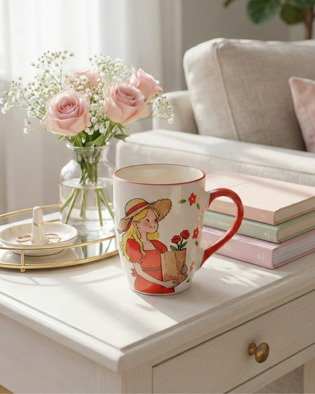 Red Dress Girl Ceramic Mug – Cute Floral Coffee Cup