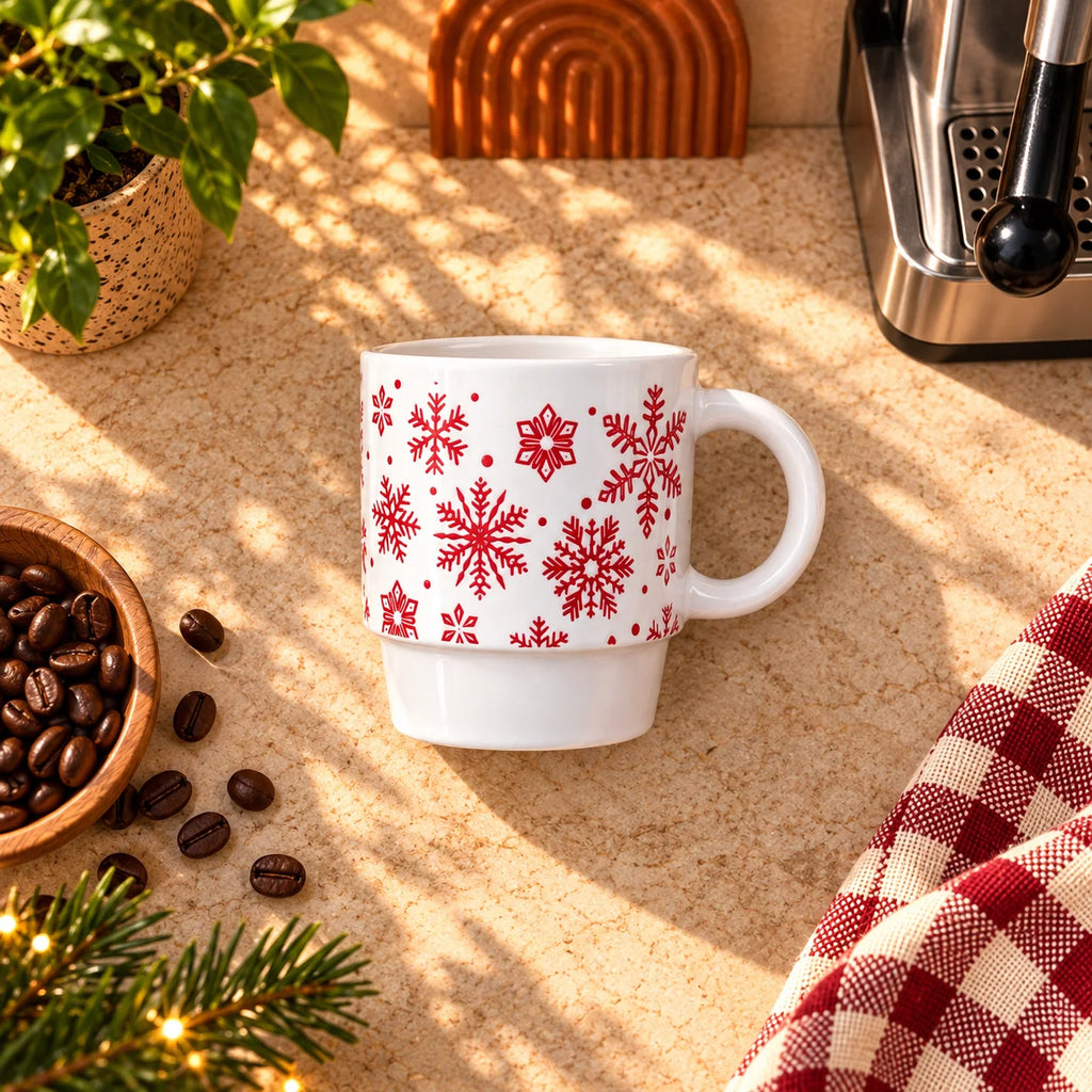 Christmas Snowflakes Mug – White & Red, 350ml