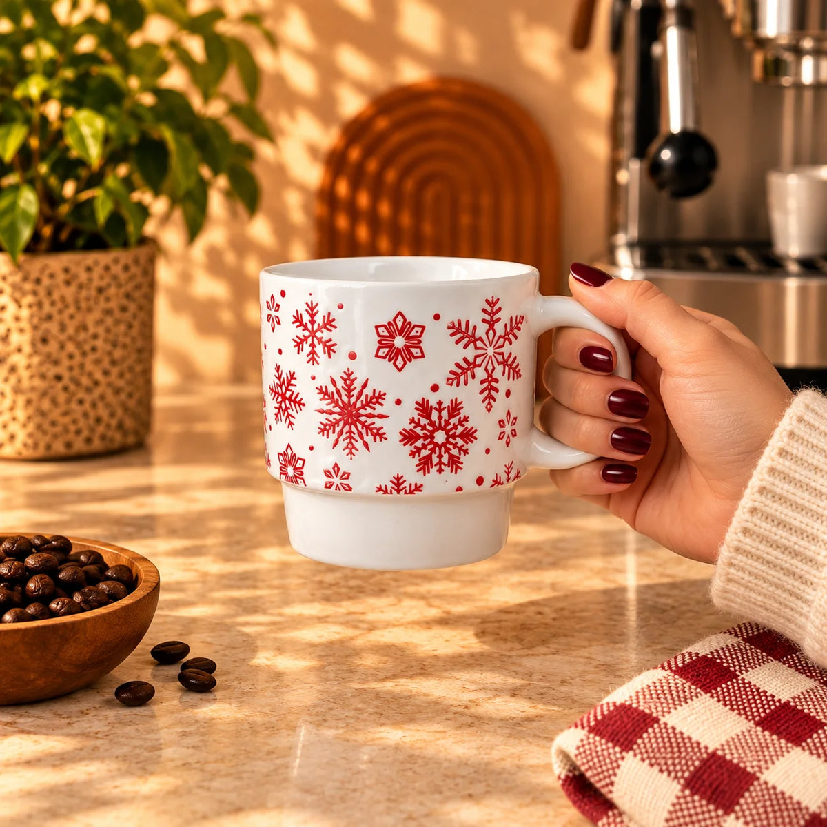 Christmas Snowflakes Mug – White & Red, 350ml
