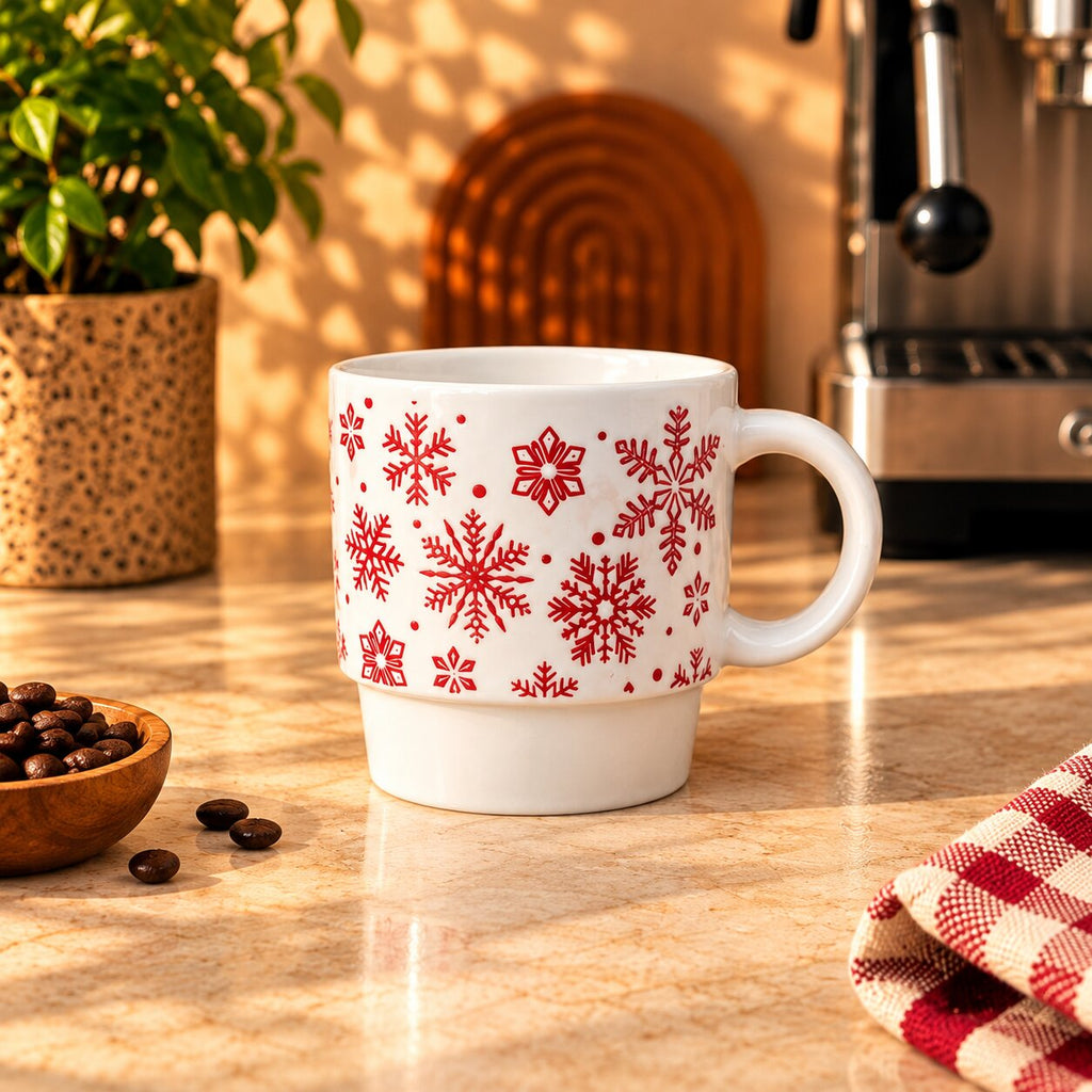 Christmas Snowflakes Mug – White & Red, 350ml