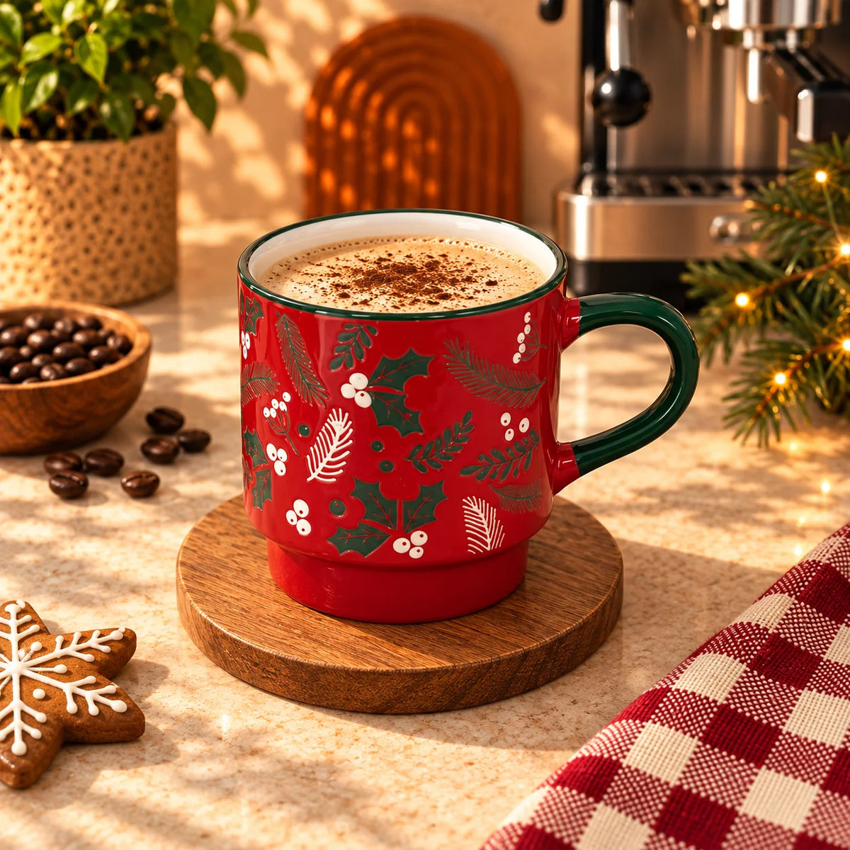 Christmas Holly & Berries Mug – Red with Green Handle, 350ml