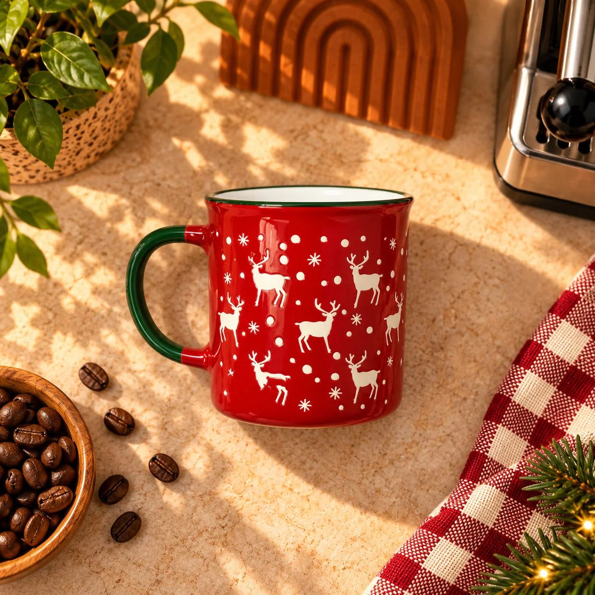 Christmas Reindeer Mug, Red with Green Handle, 300ml – view 2
