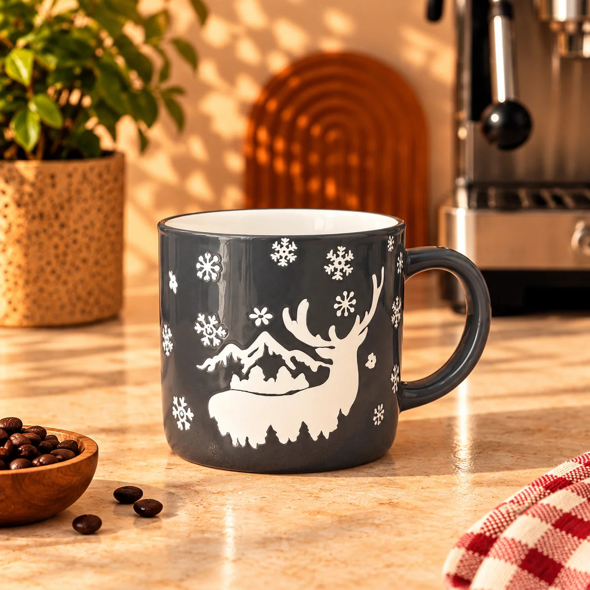 Winter Reindeer Mug, Charcoal Grey & White, 350ml – view 3