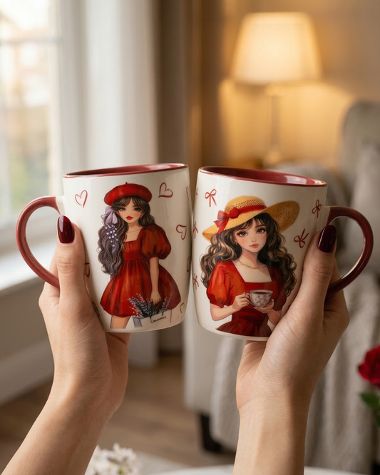 Cozy Moments Ceramic Mug Bundle – Romantic Girl Illustration, Red Heart Design (Set of 2, 330ml) | Gifteila
