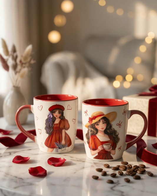 Cozy Moments Ceramic Mug Bundle – Romantic Girl Illustration, Red Heart Design (Set of 2, 330ml) | Gifteila