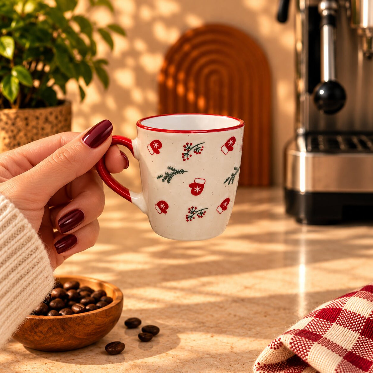 Christmas Mittens & Berries Cup – Cream with Red Handle, 150ml by Gifteila